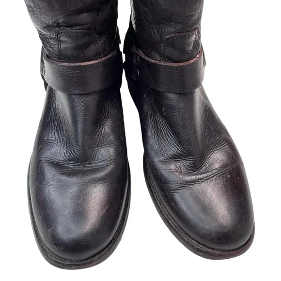 Frye Phillip Harness Distressed Dark Brown Leather Moto Ankle Boots Size 6.5 - Picture 4 of 11